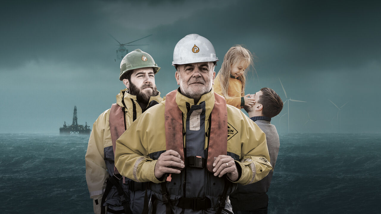 Petrofac campaign material showing offshore workers in safety gear and family in the distance