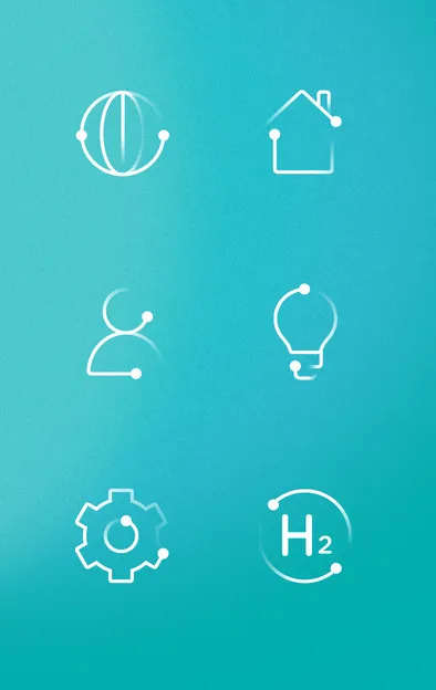 Custom illustrated icons create for Hydrasun brand. Icons include a globe, home, profile, bulb, cog and H2O.